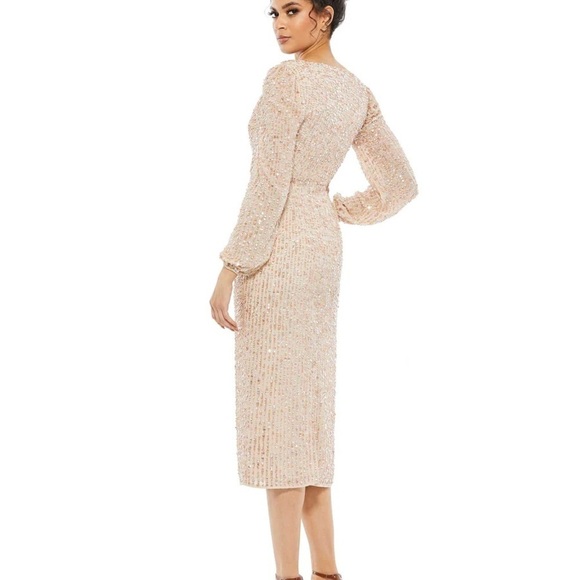 Mac Duggal 10764 NWT SEQUINED ILLUSION PUFF SLEEVE V NECK MIDI DRESS - Picture 2 of 6